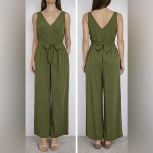 A New Day Olive Green Sleeveless Wide Leg Jumpsuit Tie Waist NWT Size M